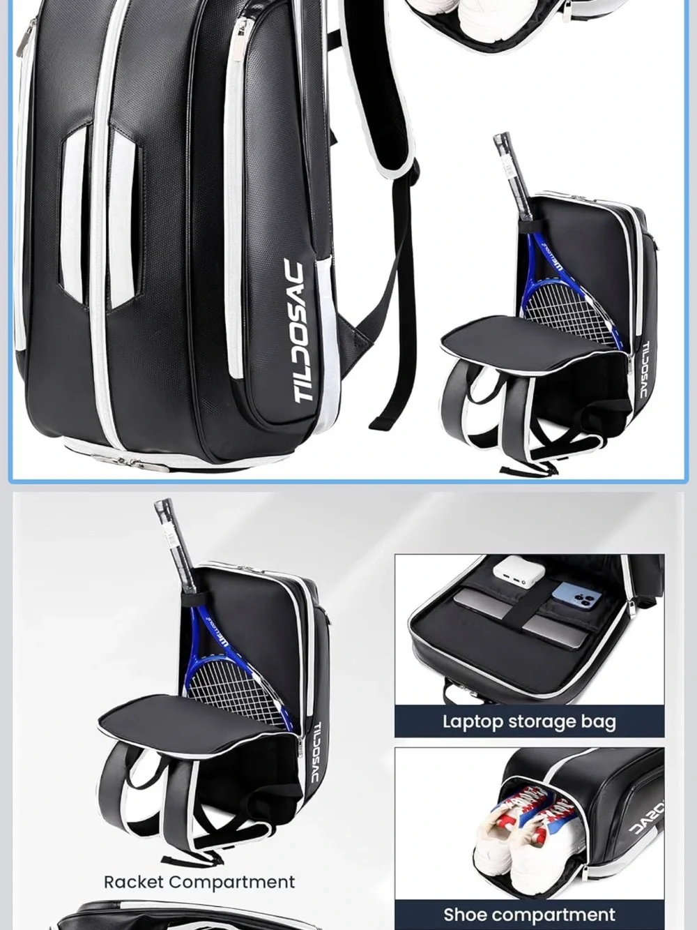 Black and White Men’s Sports and Tennis Bag